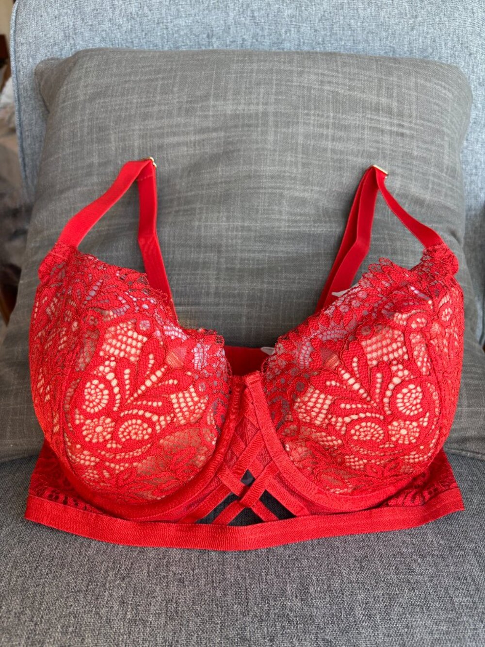NWT Adore Me Red Lace Strappy Underwire Balconette Bra Size 34H
